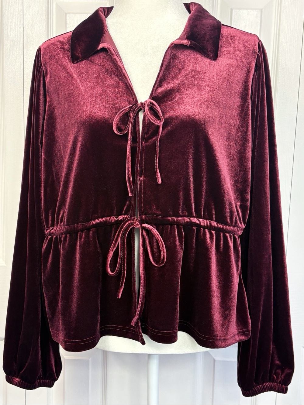 NWT Velvet Heart Burgundy Velvet Long Sleeve Tie Front Cropped Top XL